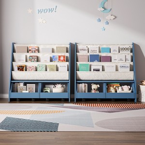 Kids Bookshelf and Toy Storage Organizer, Multifunctional 4 Tier Wooden Kids Book Shelf with Bookcase Display Stand in Kids Room - 1 of 4