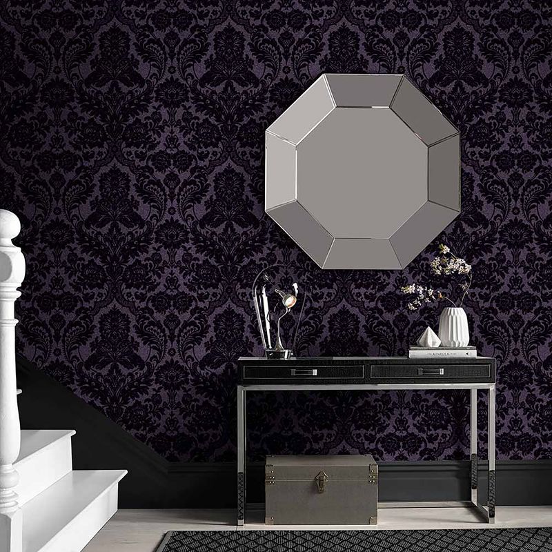 Gothic Damask Flock Plum Purple and Black Paste the Wall Wallpaper, 2 of 5