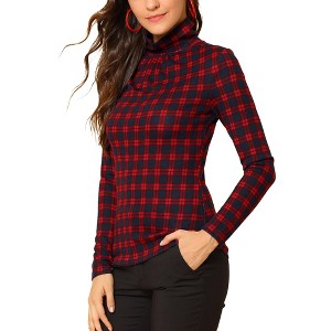 Allegra K Women's Turtleneck Long Sleeve Stretch Slim Plaid Casual Blouse - 1 of 4