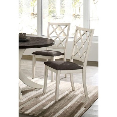 DOMETOUR Antique White Solid wood Set of 2 Chairs Unique Design Back Kitchen Dining Room Breakfast Grey Cushion Seat Chair Fabric