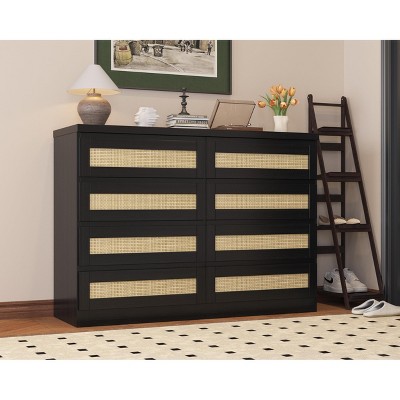 Rattan Dresser for Bedroom, Modern 8 Drawer Wooden Chest, Wide Storage Table, Wood Dresser Organizer,  Living Room,  Home Decor