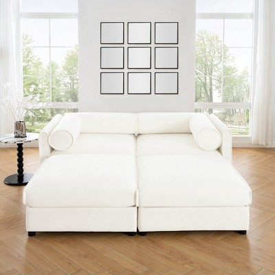 DOMETOUR White Chenille 2-Seater Sofa with Storage Ottomans, Cylindrical Backrest & Armrests, Modern Loveseat with Hidden Storage