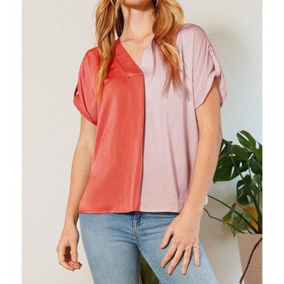 Women's V- Neck Color Block Satin Blouse - Oddi