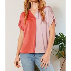 Women's V- Neck Color Block Satin Blouse - Oddi - 1 of 2