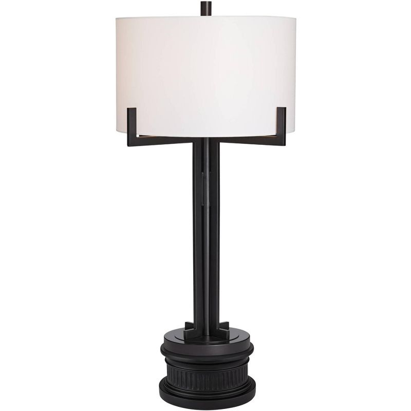 Franklin Iron Works Idira Industrial Table Lamp with Black Round Riser 35 3/4" Tall Black Metal White Shade for Bedroom Living Room Bedside Nightstand, 1 of 9