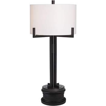 Franklin Iron Works Idira Industrial Table Lamp with Black Round Riser 35 3/4" Tall Black Metal White Shade for Bedroom Living Room Bedside Nightstand