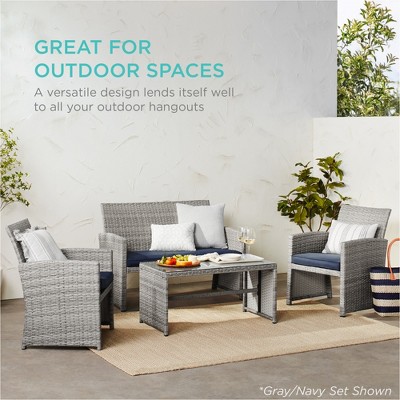 Gray 4-Piece Wicker Patio Furniture Set with Cushions and Glass Table
