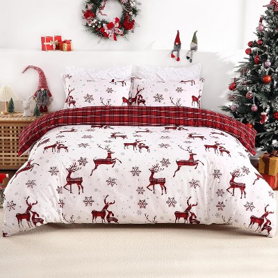 Duvet Cover, Christmas Comforter Cover Set, 3Pcs Holiday Bedding Set Includes Red Plaid Reindeer Printed Duvet + 2 Pillow Shams