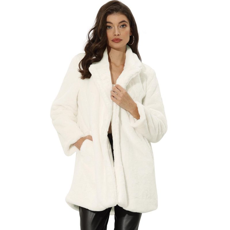 Allegra K Women's Lapel Collar Faux Fur Fuzzy Winter Long Overcoat with Pockets, 1 of 7