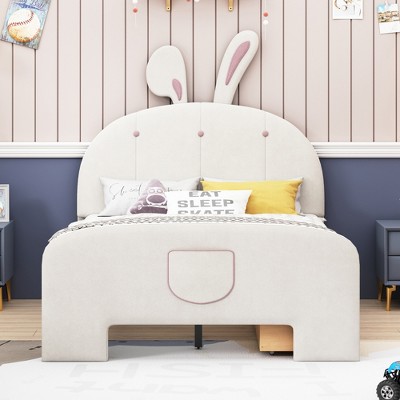 Whisen Velvet Platform Bed with Rabbit-Shaped Headboard, Drawers and Storage Pocket
