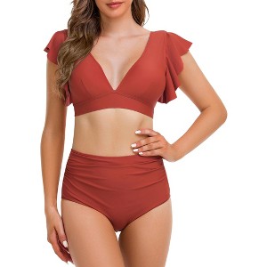 Women's V Neck Bikini Set Two Piece Ruffled Top Bathing Suits High Waisted Bikini Bottom U Back Swimwear - 1 of 4