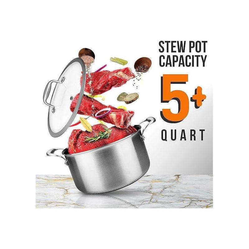 NutriChef NC3PCAS 5-Quart Nonstick Tri-Ply Stainless Steel Stew Pot with Glass Lid, 3 of 7