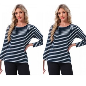 INSPIRE CHIC Women's 2 Pcs Cotton Contrast Stripe Pullover Top Long-Sleeve Lounge Pajama Blouse - 1 of 4