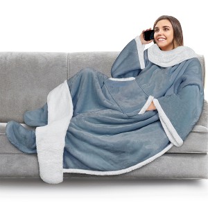PAVILIA Wearable Blanket with Sleeves and Foot Pockets, Fleece Warm Snuggle Pocket Sleeved Throw for Women Men Adults - 1 of 4