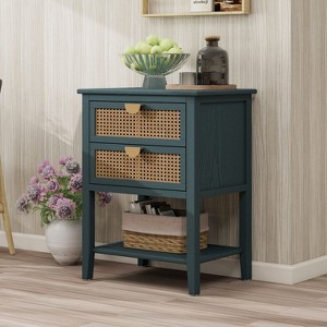 Okak Rustic 2-Drawer Bedroom Dressers End Table with Natural Rattan,Side Table for Entryway Study,Wooden Dresser Chest, Green - 1 of 4