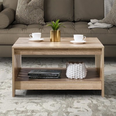 Rustic Oak Square Wood Coffee Table with Shelf