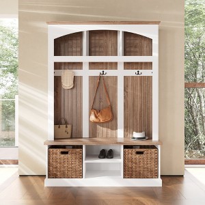 White and Oak Entryway Storage Bench with Hooks, Shelves, and 2 Woven Baskets Hall Tree - 1 of 4