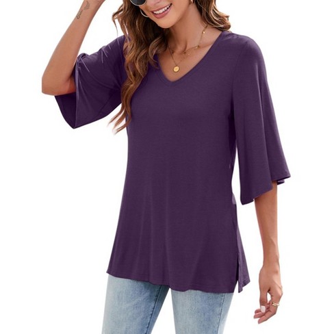 MISSKY Women's 3/4 Bell Sleeve V Neck Loose Fit Tunic Tops - image 1 of 4