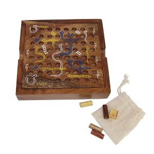 Slickblue Snakes & Ladders Game Box – Handcrafted Sheesham Wood, Stained Finish, Includes Pegs and Die - 1 of 4