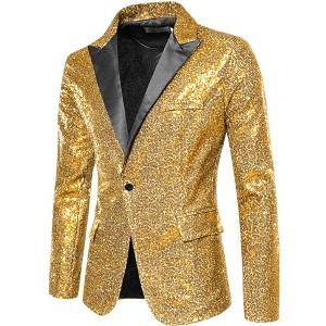 INSPIRE CHIC Men's Peak Lapel Color Block Shiny Sparkle Sequin Blazer - 1 of 4