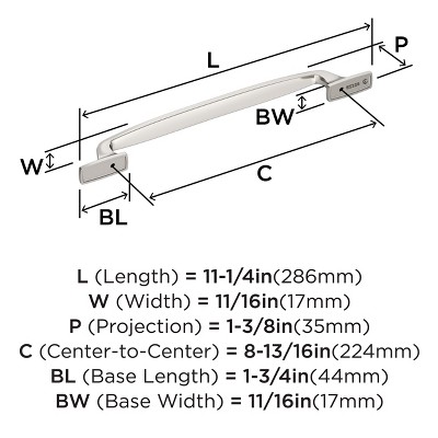 Amerock Highland Ridge 8-13/16 inch (224mm) Center-to-Center Polished Nickel Cabinet Pull