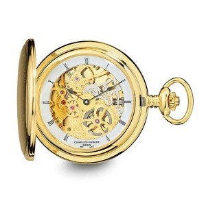 Black Bow Jewelry Charles Hubert IP-plated Stnlss Steel Skeleton Dial Pocket Watch 54mm - 1 of 3