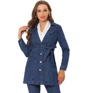 Allegra K Women's Notched Lapel Belted Trench Long Denim Jacket - 1 of 4