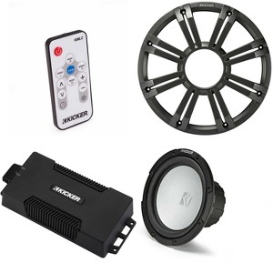 Kicker 48PXA6001 Weatherproof Powersport Mono Amp & 10" 4 Ohm Free-Air Marine Subwoofer ( Charcoal Grill ) Includes LED Remote - 1 of 4