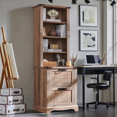 Farmhouse Bookshelf with 2 Large File Drawers, 72" Tall Bookcase with Storage,  4 Tier Rustic Wood Bookshelf for Home, Living Room
