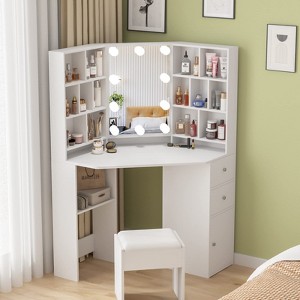 Corner Makeup Vanity Desk with Lighted Mirror, White Vanity Set, 3 Lighting Modes - 1 of 4