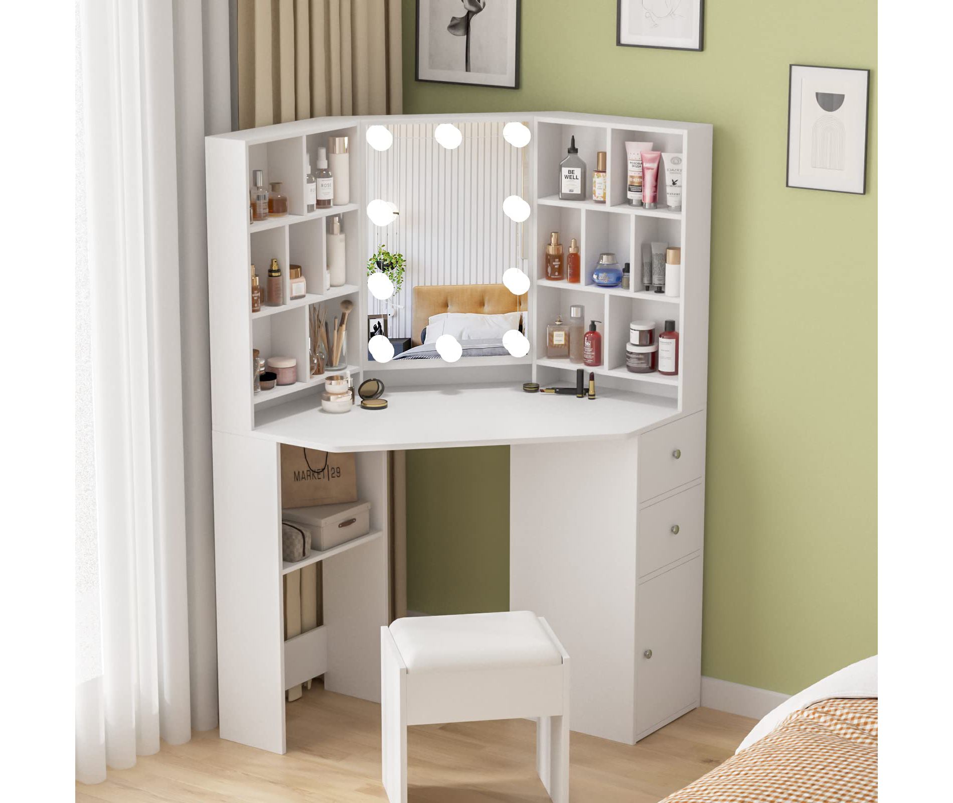Corner Makeup Vanity Desk with Lighted Mirror, White Vanity Set, 3 Lighting Modes