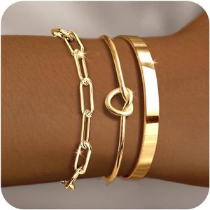 5 Piece Gold Bracelet Stack Set for Women with Bangle Cuff Paperclip and Chain Bracelets, Non Tarnish - 1 of 4