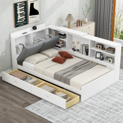 ALEXOUN Twin Size Bed Frame with Upholstered Storage Headboard,Wood Daybed with Bookshelf,Rotatable Table Board for Girls Teens