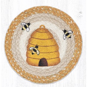 Earth Rugs Beehive Round Trivet – 10"x10" Braided Natural Fiber Hot Pad with Honeybee and Hive Print for Farmhouse Kitchens - 1 of 3