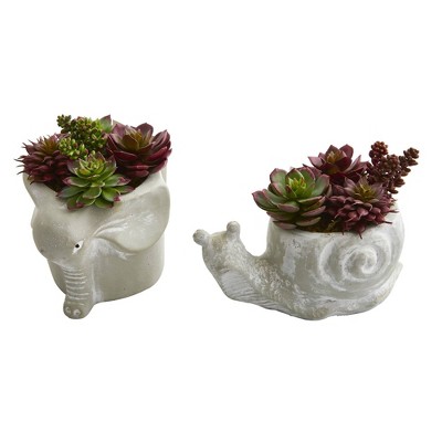 7" x 6" 2pc Artificial Succulent Plant in Elephant and Snail Planter Set - Nearly Natural