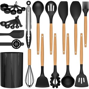 Itopfox Silicone Cooking Utensils Set with Wooden Handles, Heat Resistant Kitchen Tools for Non-Stick Cookware Includes Spatulas, Ladle, Whisk, Tongs - 1 of 4