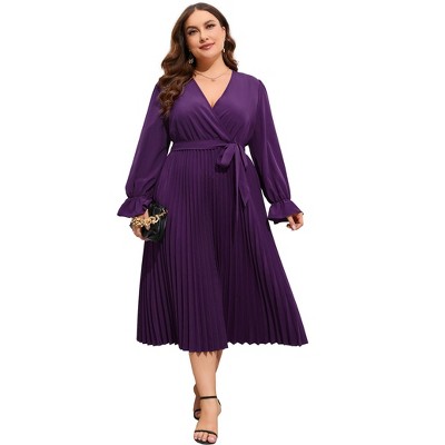 Women Plus Size Dress V Neck Ruffle Long Sleeve Long Dress Casual Summer Pleate Dress with Waistband