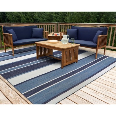 Nautical Navy Stripe 8' Square Handmade Indoor/Outdoor Rug