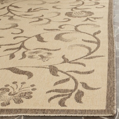 Cream and Brown Floral Rectangular Washable Rug