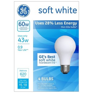 GE 60w 4pk Energy Efficient Halogen Light Bulb Soft White: Dimmable A19 43W Equivalent, 620 Lumens, E26 Base - 1 of 3