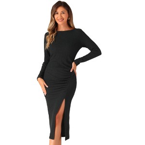 INSPIRE CHIC Women's Fall Casual Long Sleeve Round Neck Ruched Slit Fitted Midi Dress - 1 of 4