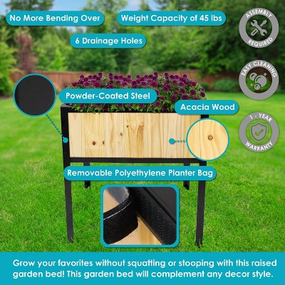 Natural Acacia Wood and Steel Raised Garden Bed with Removable Planter Bag