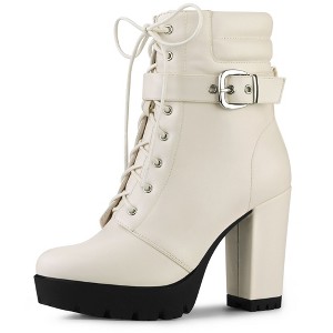 Allegra K Women's Platform Solid Buckle Lace Up Block Heel Ankle Boot - 1 of 4