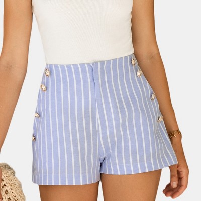 Women's Striped High-Waisted Button Embellished Shorts - Cupshe-M-Blue