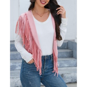 Coolmee Women's Casual Tassel Shawl Waistcoats Solid Sleeveless Fringe Shawl Open Front Cropped Boho Western Shawl Cardigan 2XL Skin Pink - 1 of 4