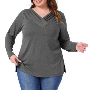 Women's Plus Size V Neck Long Sleeve Button Decor Solid Casual Tunic Tops - Agnes Orinda - 1 of 4