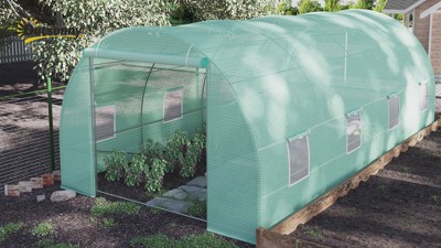 Large Green Steel Frame Walk-In Tunnel Greenhouse with Roll-Up Windows