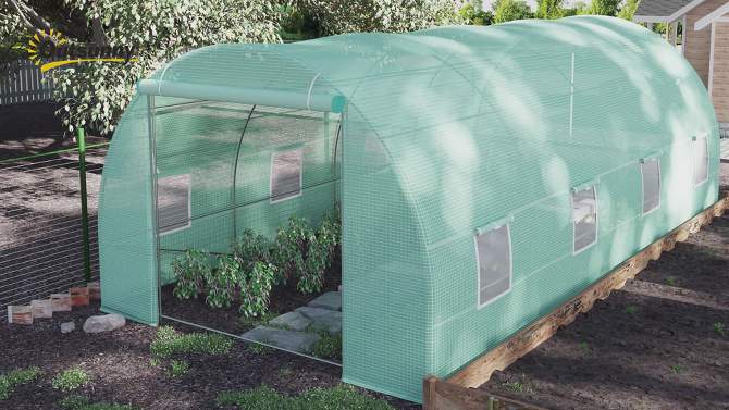 Outsunny 20' x 10' x 7' Walk-In Tunnel Greenhouse Garden Warm House Large Hot House Kit with 8 Roll-up Windows & Roll Up Door, Steel Frame, 2 of 11, play video
