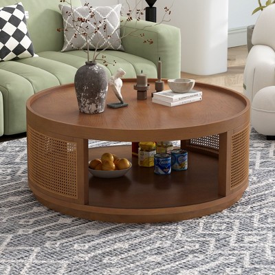 NicBex Mid-Century Style Round Wooden Coffee Table with Storage Shelf,PE Rattan Side Table,Living Room Furniture,Brown