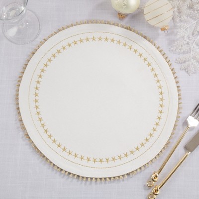 White and Gold Embroidered Stars Tassel Round Placemats, Set of 4